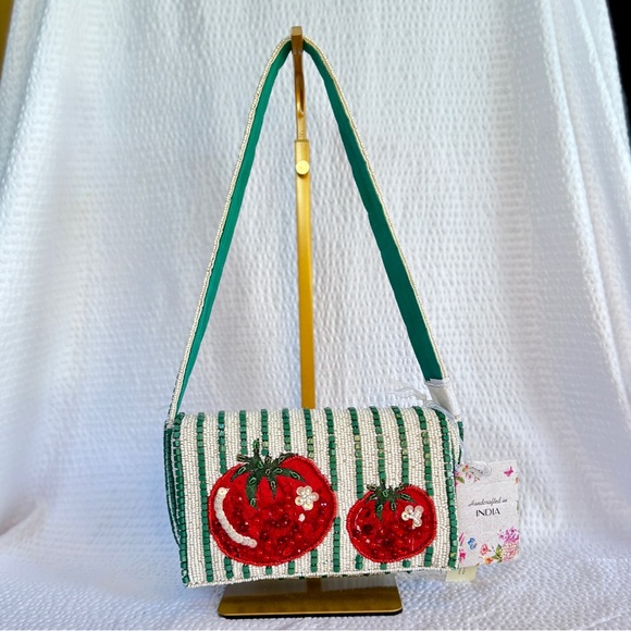 Beaded Red Tomato Green Stripes Shoulder Bag | Cottagecore Summer Vacation | NWT - Picture 6 of 8